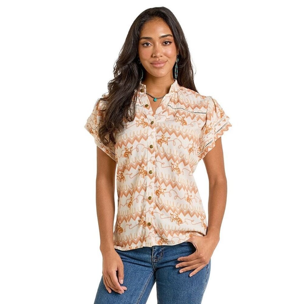 Panhandle Slim Women's Flutter Sleeve Western Print Snap Shirt Cream/Orange